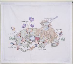 Dense hand embroidery on vintage textile, 28" x 33". A lion's body with a man's head displays large graphic wounds and the instruments that made them --- arrows, swords, clubs, etc. The wounds are dated and could refer to incidents my life
