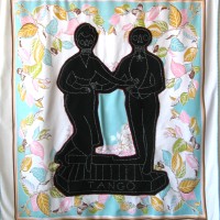 From the series American Memento Mori: Tango - applique and embroidery on vintage textile. A folk art figure of dancers in silhouette with a skeleton heads is appliquéd onto a colorful vintage tablecloth, and embellished with white embroidery.