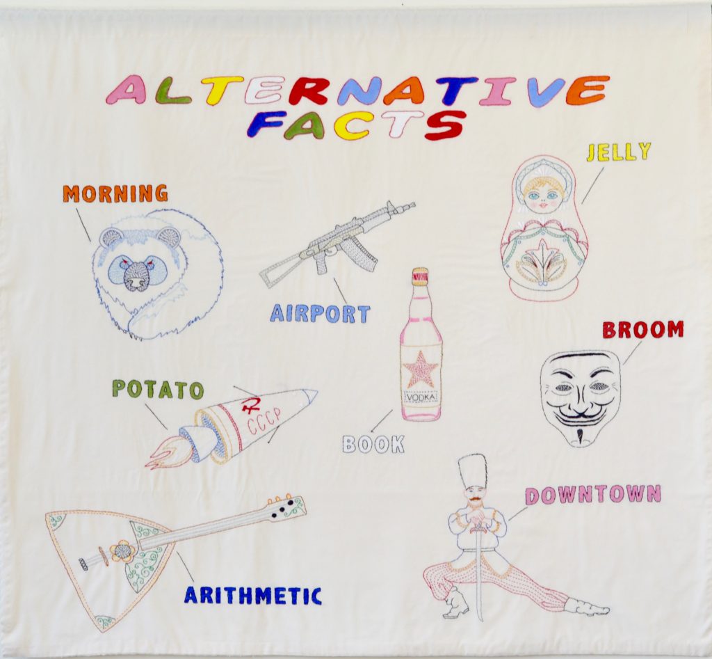Needling the Regime: Facts/42" x 47"/hand-embroidery on textile