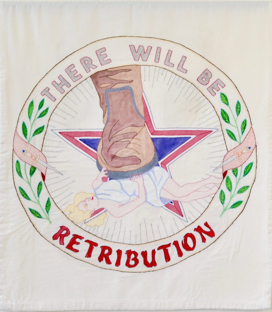 Needling the Regime: Retribution/38" x 33"/hand-embroidery on textile