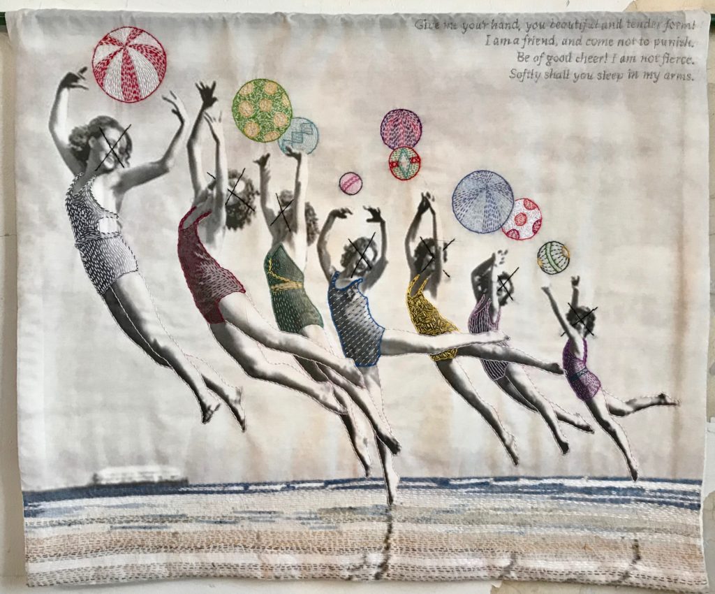 Vintage Memento Mori:Beach Dancers/hand-embroidery on printed textile/26x31