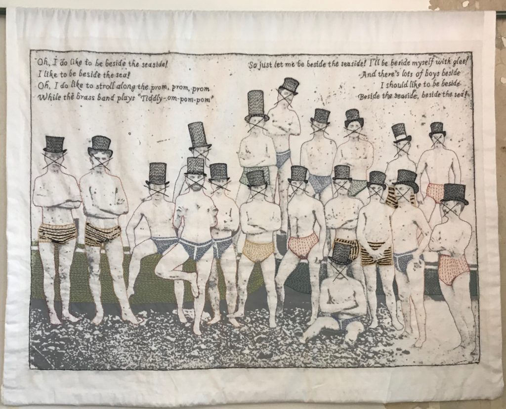 Vintage Memento Mori:Swim Club/hand-embroidery on printed textile/33" x 42"