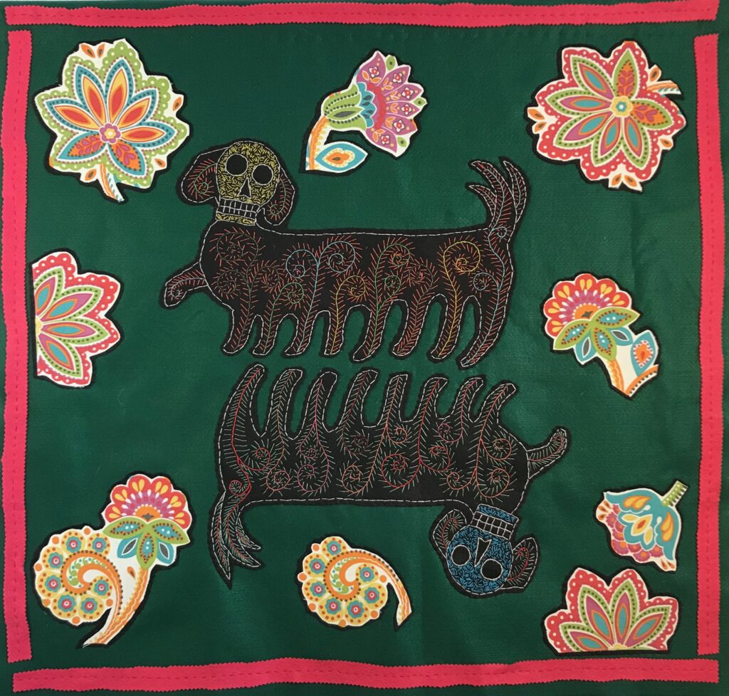 Memento Mori:Dogs/hand-embroidery & applique on textile/34"H x 36"W