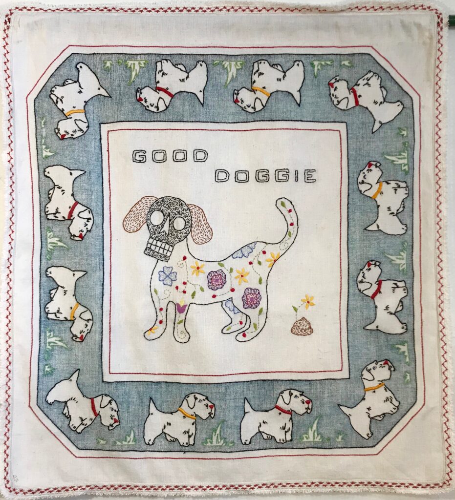 Memento Mori:Good Doggie/hand-embroidery on vintage textile/30" x 27"