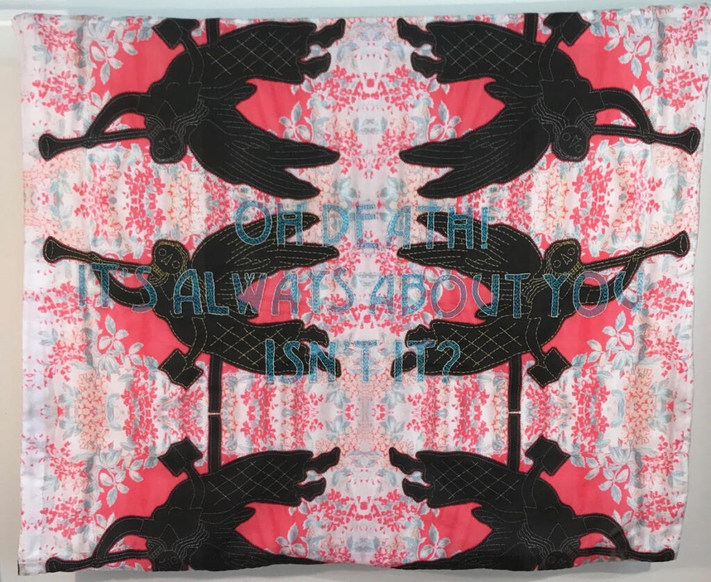 “Memento Mori: Meta Angel” hand embroidery on printed textile, 32” x 38”